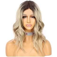 Womens Mixed Color Blonde Bangs Medium Wig