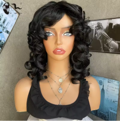 2 Pcs Black Shoulder Length Short Natural Fluffy Wavy Wig